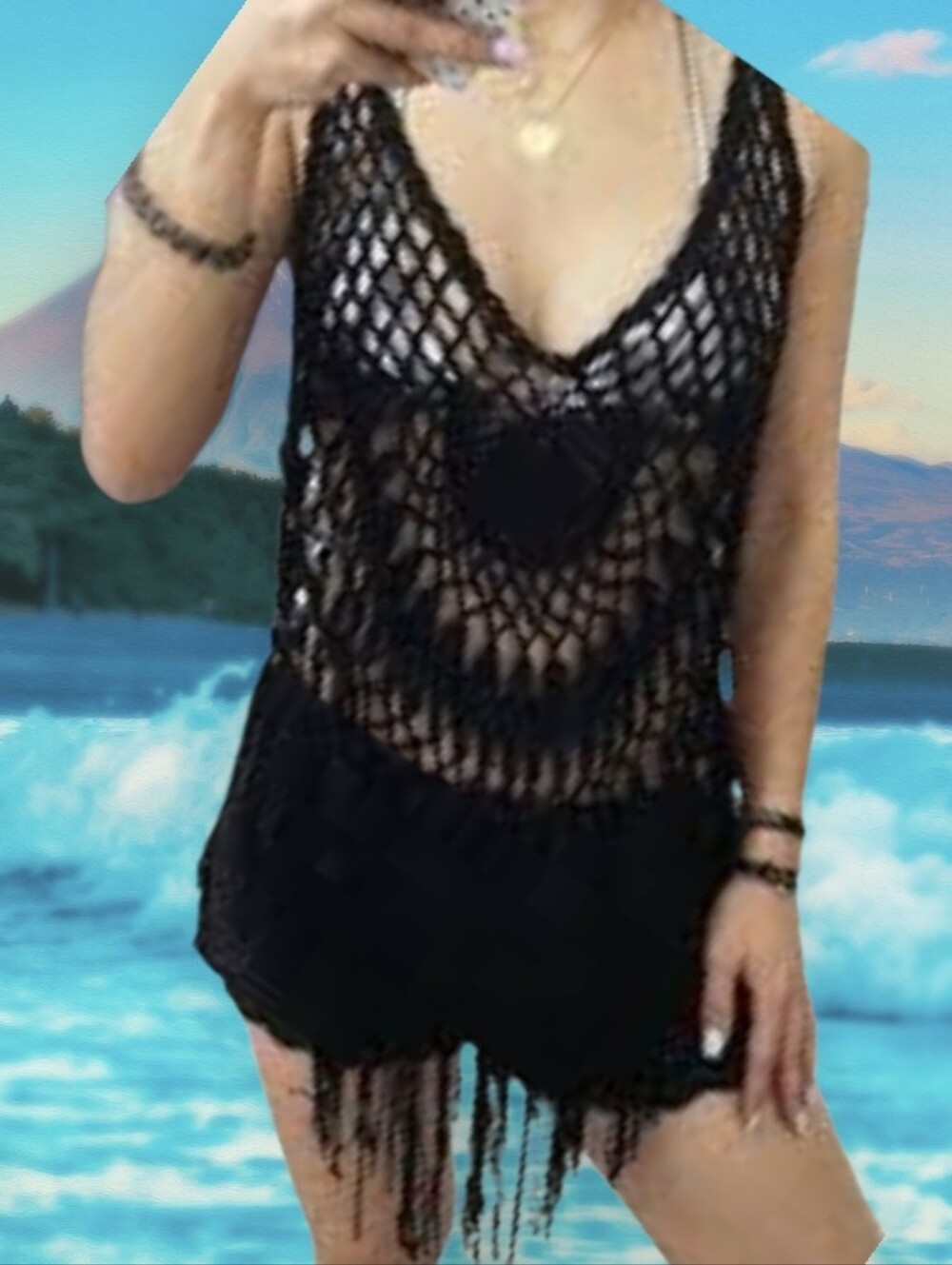 #K96 Say What? Black Crochet Fringe Swim Cover-Up